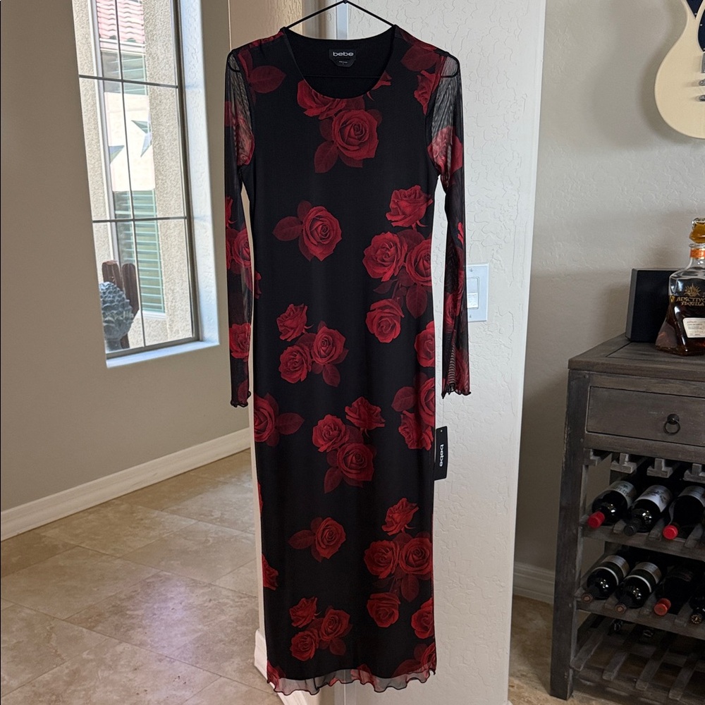 Bebe Bodycon Black Dress with Red Rose Print and sheer long sleeves NWT - Picture 2 of 6